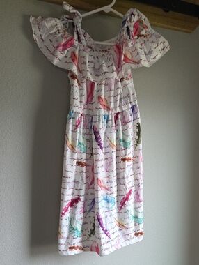 Boutique Girls White Off-Shoulder Dress with Colorful Feather Print